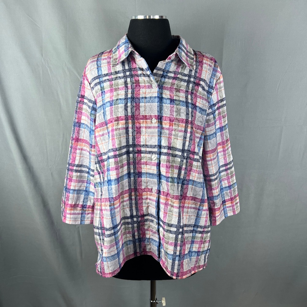 Alfred Dunner Shirt Womens Medium Multicolor Plaid Cotton Side Slit Button Up